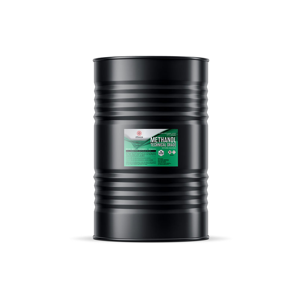 55-gallon black steel drum of technical-grade methanol with green-labeled chemical identification and flammable/hazardous material warning symbols.